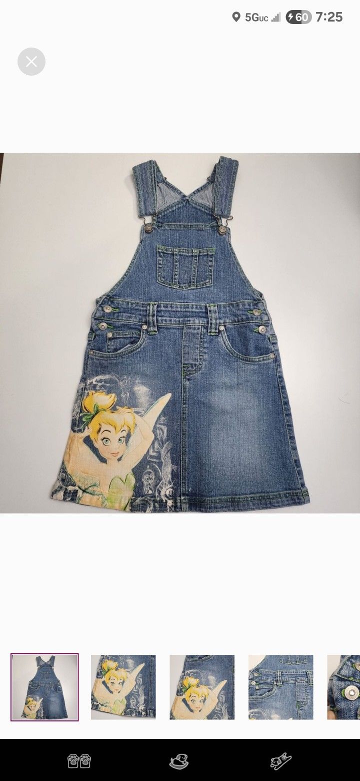 Girls Vintage Disney Store Peter Pan Tinkerbell Overall Shorts Size Med 7/8