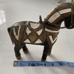 Antique Hand Carved Wooden Armored Horse Hammered Copper Brass Inlay Bone Folk 