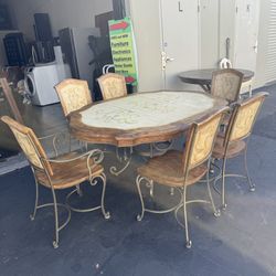 Vintage Wrought Iron Based Dining Set, Extendable Dining Table and 6 Chairs