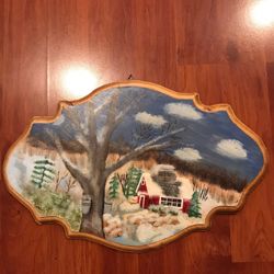 Original Signed PAINTING on Wood - Snowy Cabin Scene