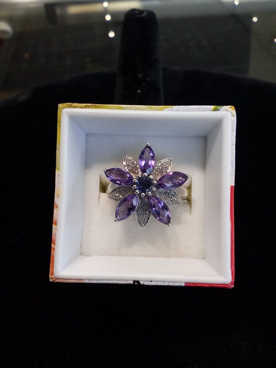 Silver purple flower ring