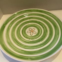 Italy. Clay ceramic swirl green bowl with flower center.12 inch. Vintage/ cottage/ country.