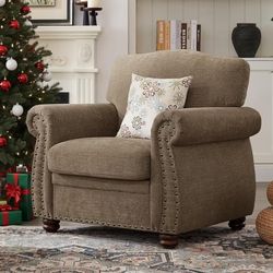 ONBRILL Nailhead Trim Armchair, Rolled Arm Accent Chair, Comfy Chenille Club Sofa Chair Wood Legs Traditional Farmhouse, Brown