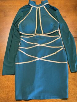 Green And Gold Sheer Sleeve And Back Dress