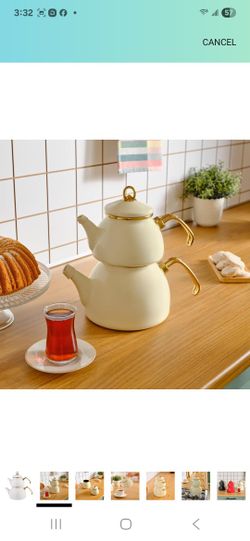 Karaca Retro Teapot Set Cream, Enamel, Teapot/Lid (1.1 lt, 2.4 lb), Tea Kettle (2.3 lt, 5 lb)