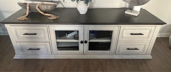 Two-Tone TV Stand with Drawers and Glass Doors