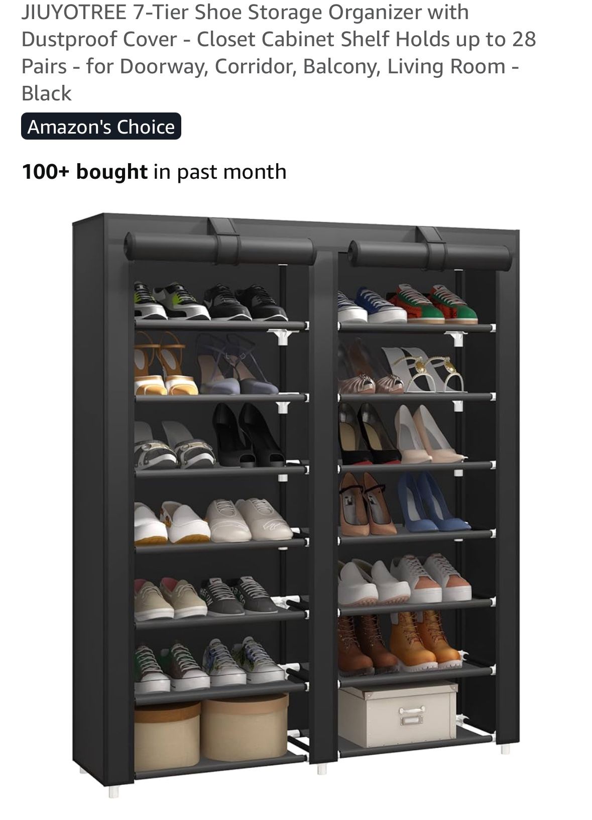 7-Tier Shoe Storage Organizer with Dustproof Cover - Closet Cabinet Shelf Holds up to 28 Pairs - for Doorway, Corridor, Balcony, Living Room - Black