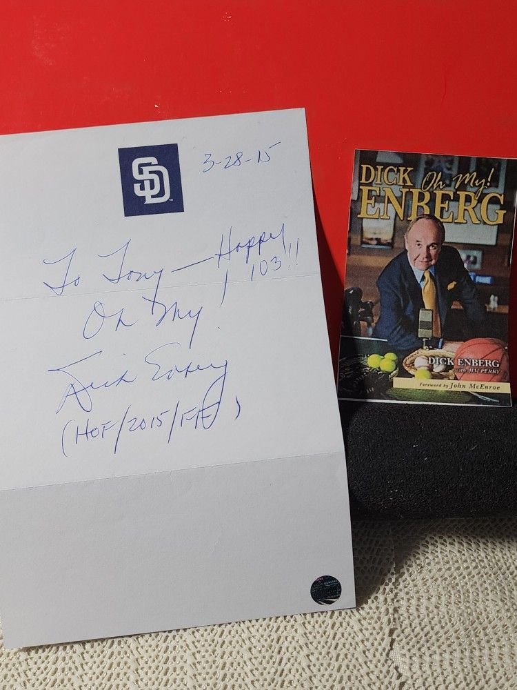 
DICK ENBERG SIGNED AUTOGRAPH 8x5 HANDWRITTEN NOTE HOF ANNOUNCER PADRES W/ COA
