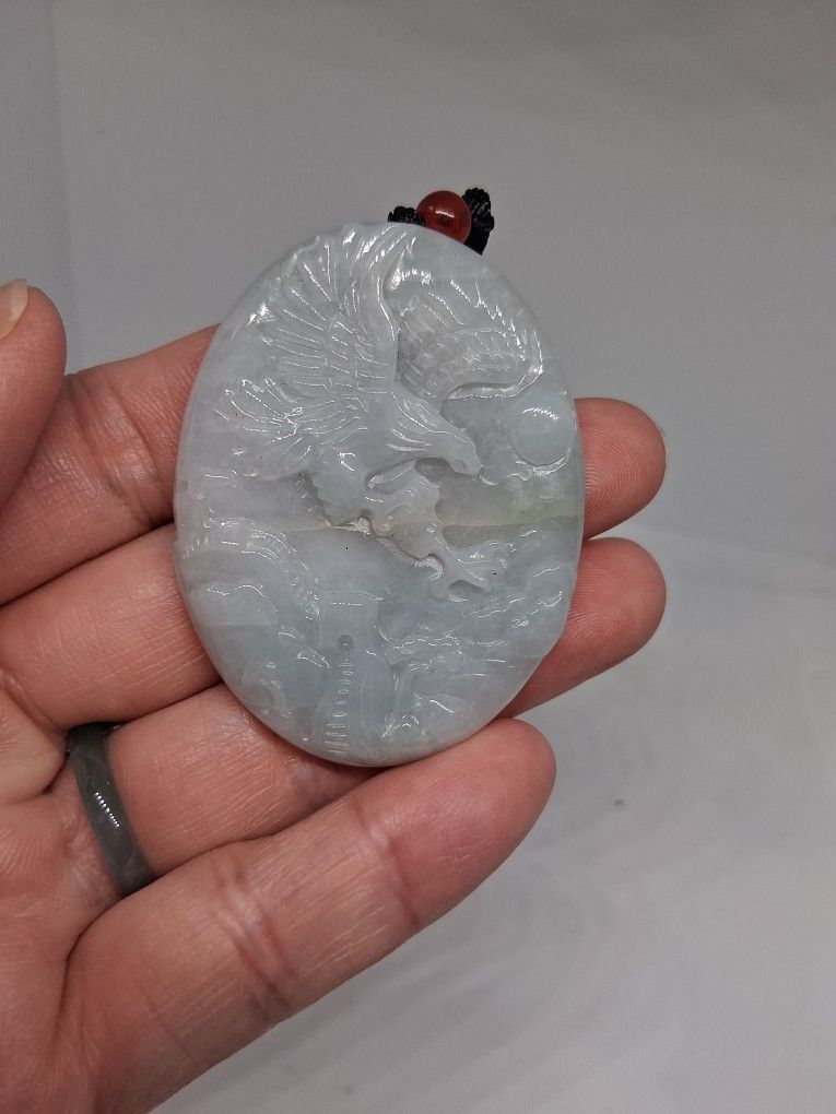 Vtg Green Jade Jadeist Byrma Icy Eagle Pdnt Rope Necklace 