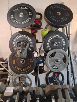 NEW BUMPER PLATES : (PAIRS OF) 55s = $130 / 45s = $110 / 35s = $80 / 25s = $65 / 15s = $45 / 10s = $35
• I also have RUBBER (5s-90s) DUMB