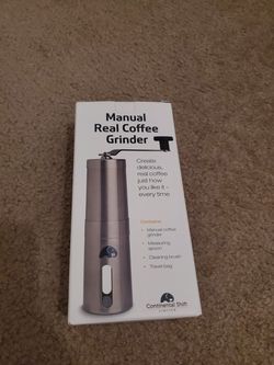 British Designed Manual Coffee Grinder for Travel, Camping & Home. Bag, Clip, Measuring Scoop. Brushed Stainless Steel, Ceramic Blade, Conical Burr