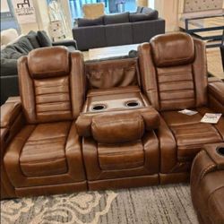 Real Leather Brown Chocolate Reclining Sofa With Adjustable Headrest 💥 Brand New 