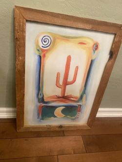 Saguaro cactus signed print in rustic wood & glass frame. Large ! 31 x22 inch. Southwest/ Bo Ho.
