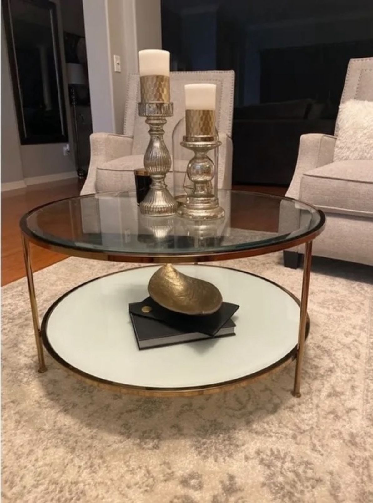Gold round coffee table, with storage