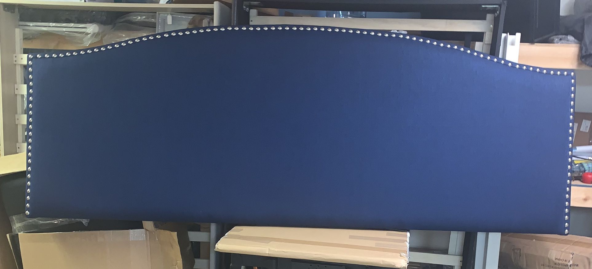New Linen Upholstered Plush Headboard with Nailheads, Blue King ..Headboard Only no Mattress