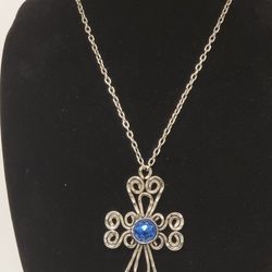 Old World Spain Style Silvertone Cross Necklace Pendant With Blue Rhinestone 24"