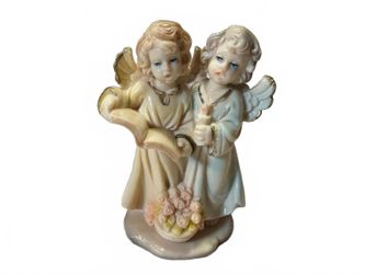 FIGURINE Vintage Italian 2 Angel Figurine with Book flowers and Candle