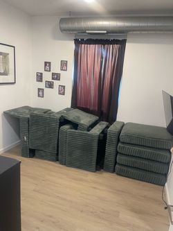 Green Ribbed Corduroy Sectional Sofa with Ottoman