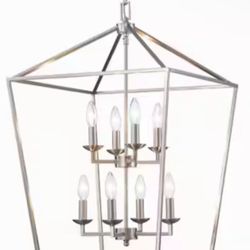 Large 29in 8-Light Brushed Nickel Chandelier with Caged Metal Shade