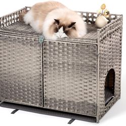 Hidden Cat Litter Box Enclosure Furniture w/ Mats – Rattan Cat House Side Table (Large)