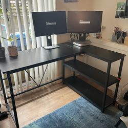 L shaped reversible desk with shelves 