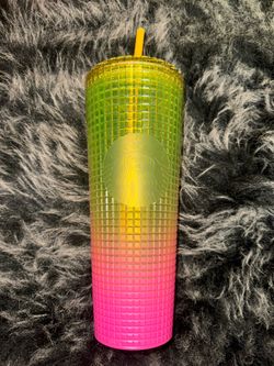 New Starbucks Pink And Yellow Grid Tumbler