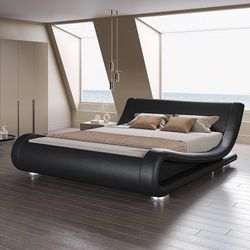 Queen Size Sleigh Bed Frame, Low Profile, Faux Leather, Black Upholstered Platform Beds, Ergonomics Adjustable Headboard, Heavy Duty Strong Support, N