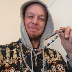 Will's Crafts Shine Blue & Gold Cubes Necklace Strung In Gold Satin Tied Tight By Myself Mr. Will. 