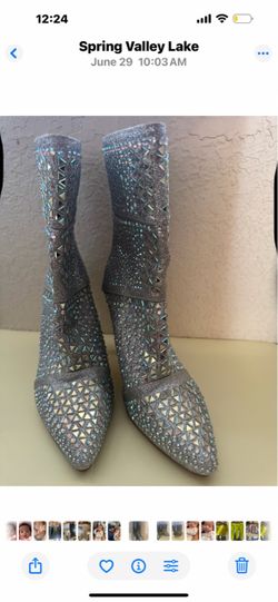 Silver Rhinestone Embellished Mid-Calf Boots