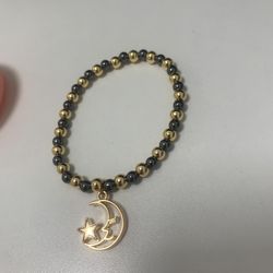 Homemade Hematite and Gold Plated Beaded Sun And Moon Charm Bracelet 
