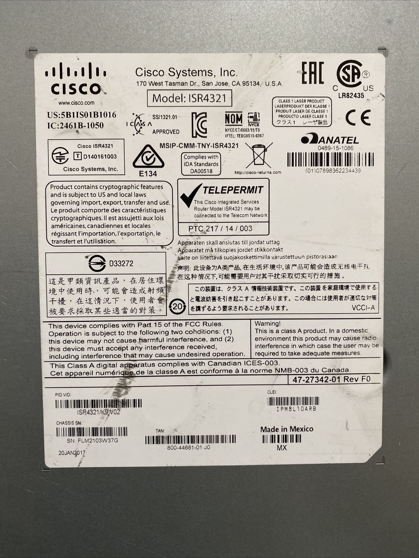 Cisco 4300 Series 4321 ISR4321/K9 v02 Integrated Services Router NO POWER SUPPLY