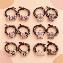 12-PCS,Girls Hello Kitty Plaid Charm Hair Ties Set Bow Star Bear Smile Elastic