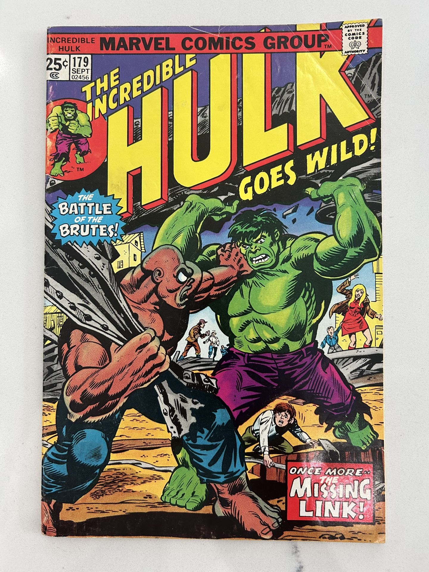 Incredible Hulk #179 VG/FN, 1974 Marvel Missing Link One staple Manufacturing error