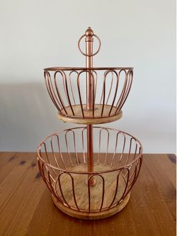 Modern 2-Tier Copper & Wood Countertop Basket / Tiered Tray
