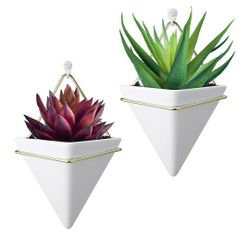 New Hanging Wall Planter, Pack of 2 Succulent Planters Glazed Ceramic Planters Vase Wall Decor Cactus Plant Pots, Medium White-Gold, $20 Or Best Offer