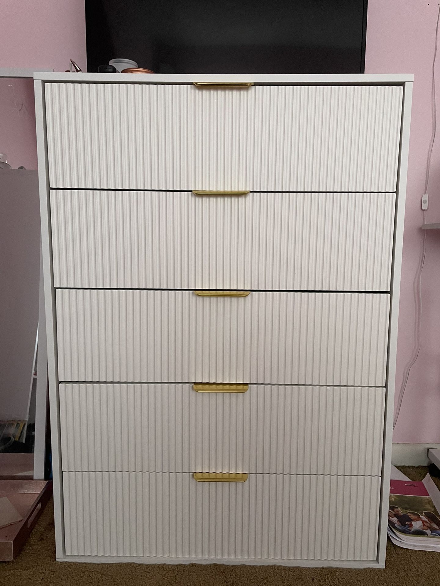 White & Gold 5 Drawer Dresser