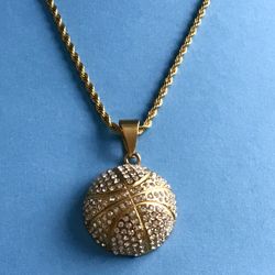 Sparkling Basketball Pendant On Rope Chain- Gold On Stainless Steel *Ship Nationwide Or Pickup Boca Raton