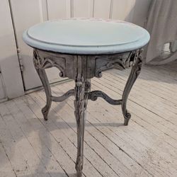 Antique Wooden Table Painted Aqua With Floral