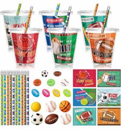 Zonon 180 Pcs/30 Set Classroom Exchange Gifts, Sport Theme Includes Toy, Cards, Erasers, Sharpeners, Pencils, and Lidded Cups for Prizes, Favors, and