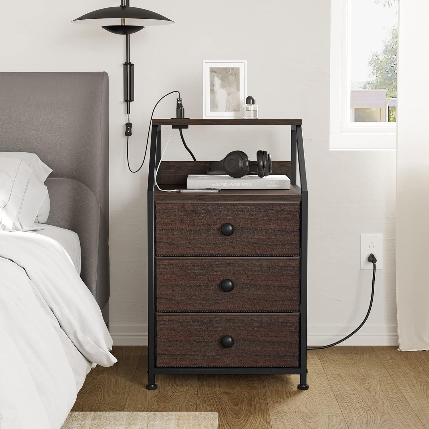 Nightstand with Charging Station,3 Fabric Drawers 2-Tier Storage Shelves, Wooden Top- Dark Brown