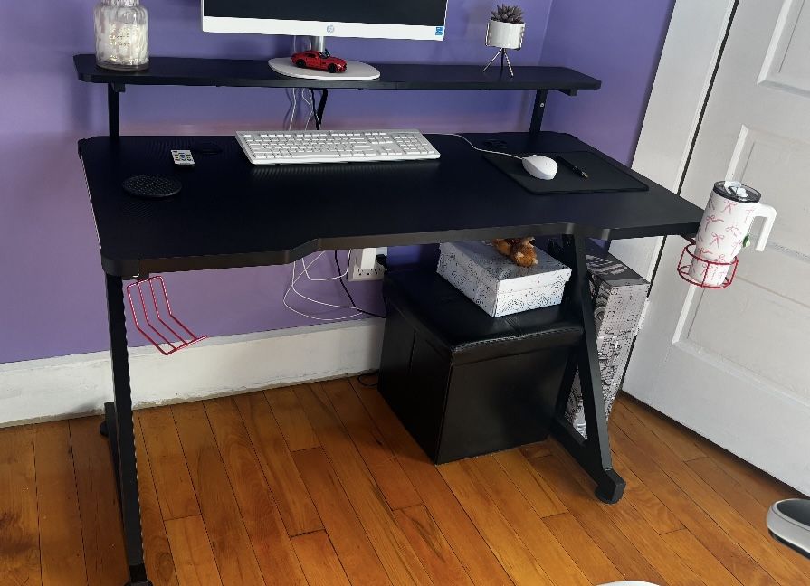 Black Modern Computer Desk with Monitor Stand & Cup Holder. Perfect For Office Work And Gaming.