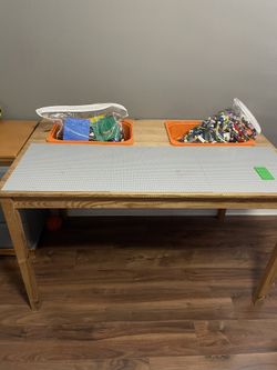 Lego Table With 2 Storage Bins, Two Large Bags Of Legos And A Book