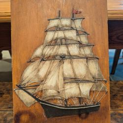 Vintage Tall Ship Relief Plaque on Plank