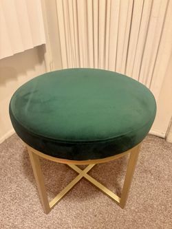Green Velvet Round Ottoman with Gold Base