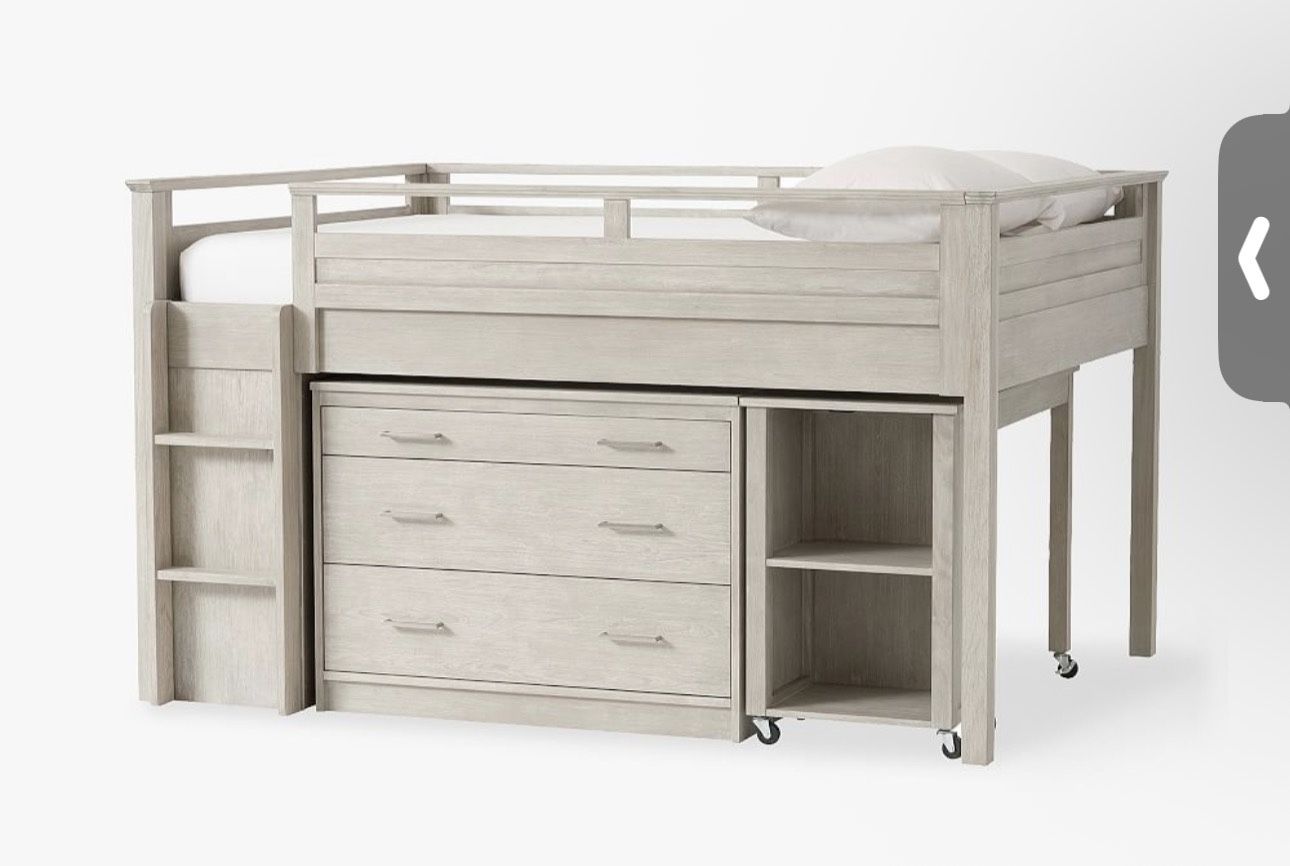 Pottery Barn full loft bed, desk, and dresser