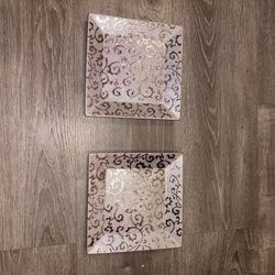 Decorative Square Silver Scrollwork Plates — Set of 2 