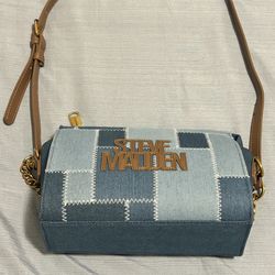 Steve Madden "NYC Patchwork" Denim Bag – Quilted Blue Crossbody with Leather Trim