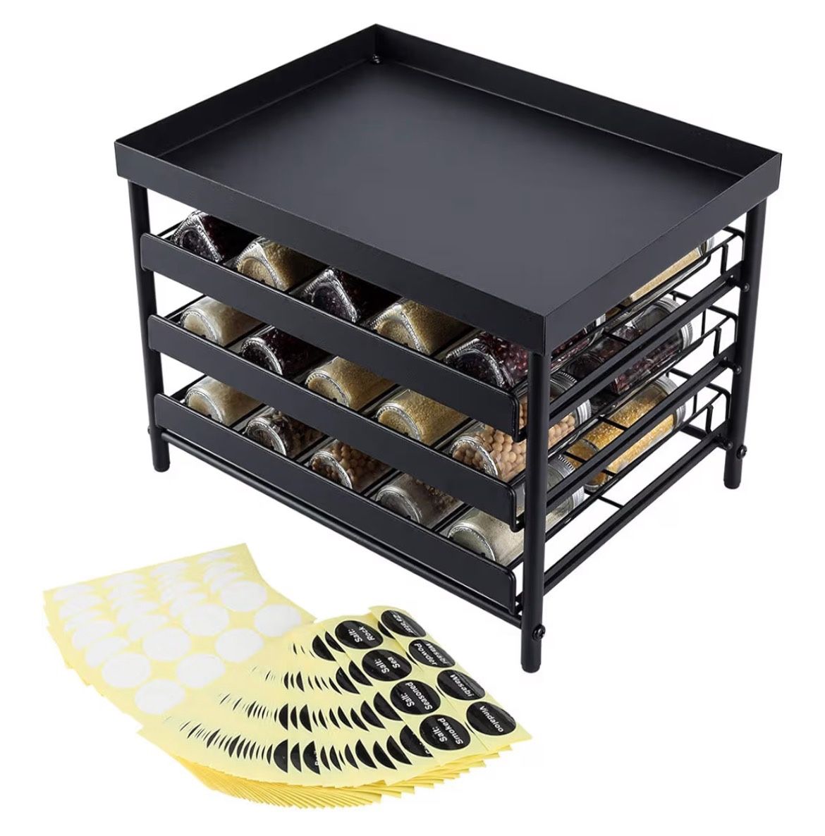 TQVAI Stackable 30 Jars 3-Tier Spice Rack Organizer with Pull Out Drawers and Labels - Fit for Countertop, Cabinet, Pantry - Frosted Black