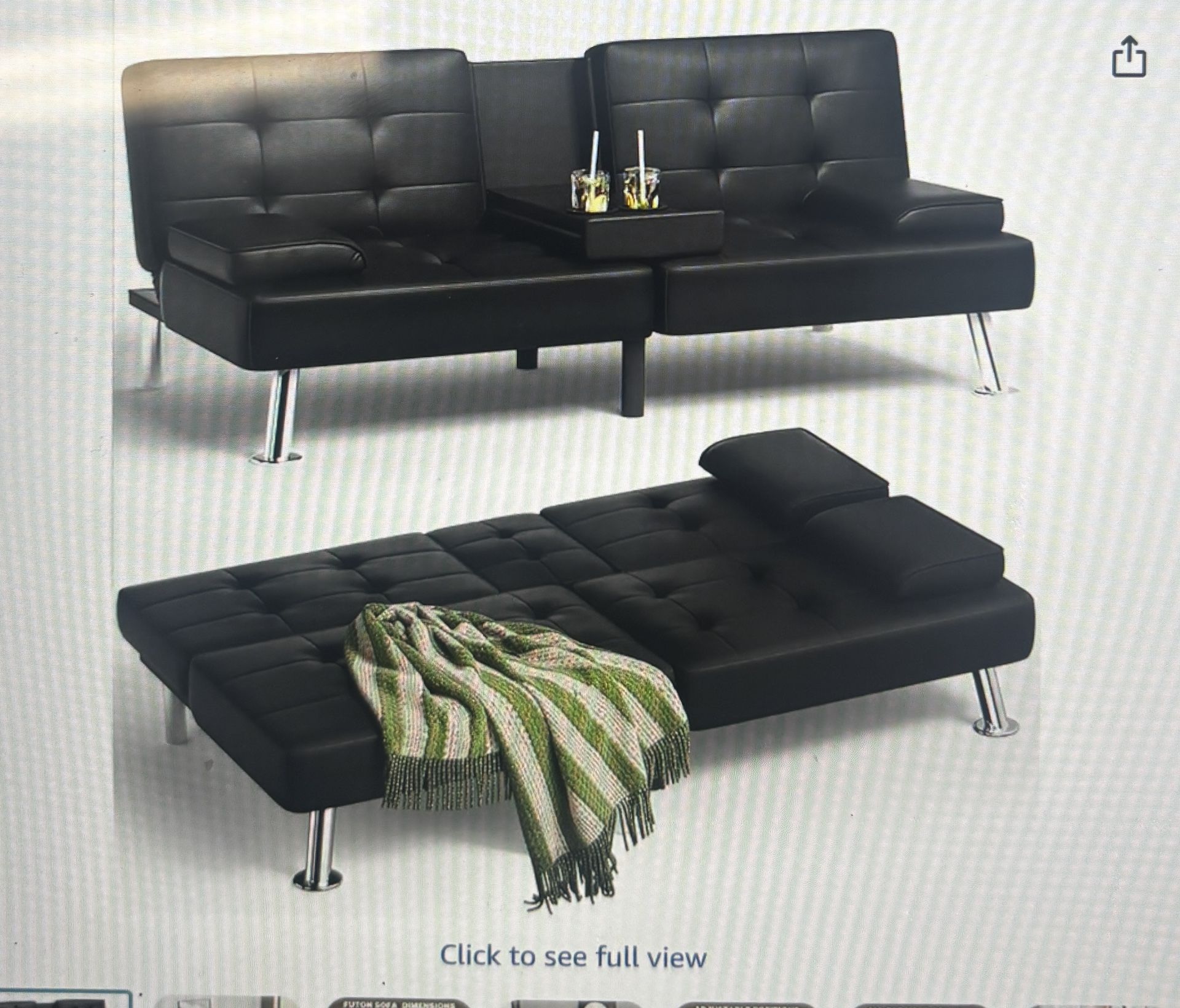 Futon Sofa Bed (Black, Leather)
