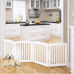 PAWLAND Wooden Freestanding Foldable Pet Gate for Dogs, 24 inch 4 Panels Step Over Fence, Dog Gate for The House, Doorway, Stairs, Extra Wide (Espress